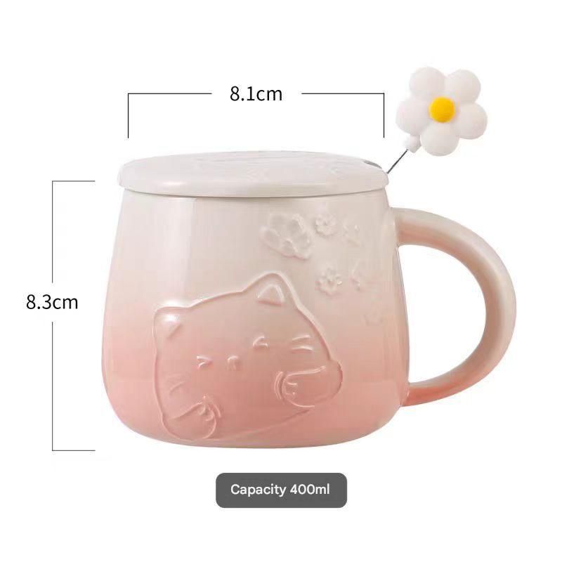 Yellow Gradient Cat Ceramic Mug with Lid and Spoon - 400ml Porcelain Coffee Cup - Adorable 3D Cat Design, Pastel Colour, Gift Box Included - Ideal for Home, Office, or as a Present for Women and Cat Lovers