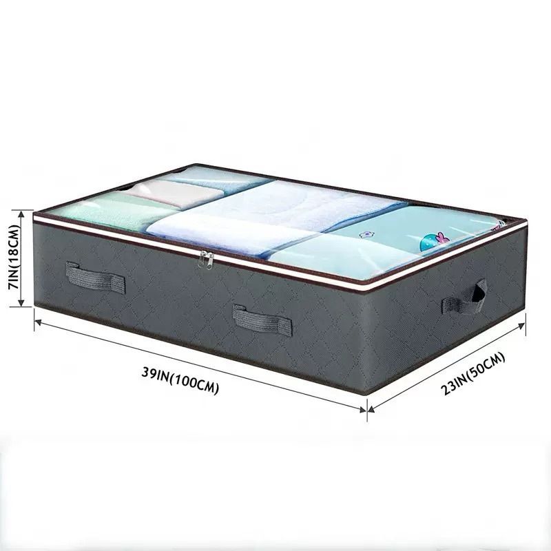 Black Under Bed Storage Bag - Foldable Underbed Organiser with Clear Window and Handles for Blankets Clothes