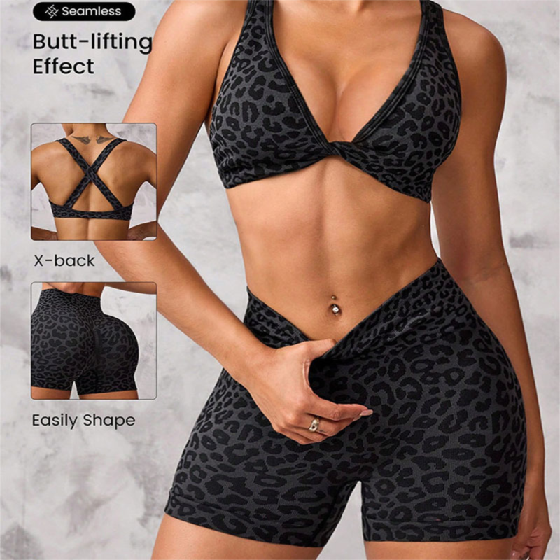 Leopard Print Yoga Set - Twist Front Sports Bra with Criss Cross Back and High Waisted Butt Lifting Shorts(Size:S)