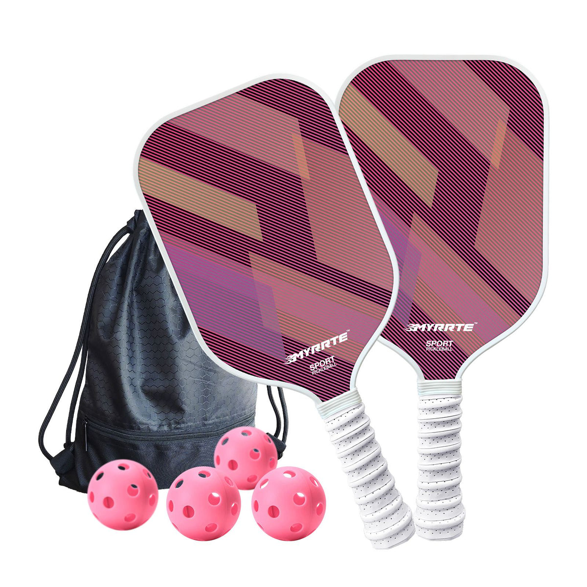 Fantasy Purple Striped Fiberglass Pickleball Paddle Set – 4 Balls & 2 Lightweight Shock-Absorbing Rackets with Versatile Carry Bag for Outdoor Play
