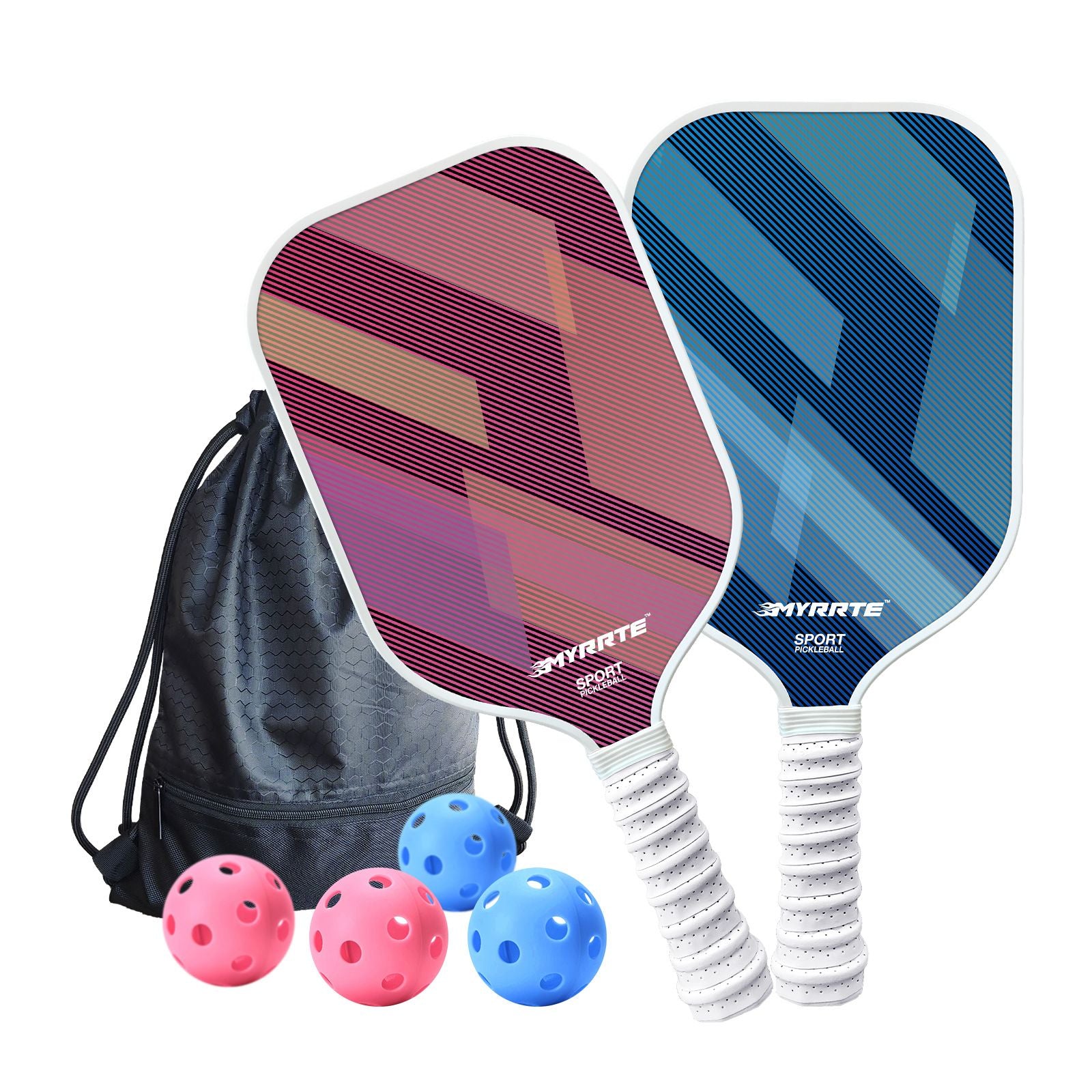 Fantasy Purple and Blue Striped Fiberglass Pickleball Paddle Set β 4 Balls & 2 Lightweight Shock-Absorbing Rackets with Versatile Carry Bag for Outdoor Play