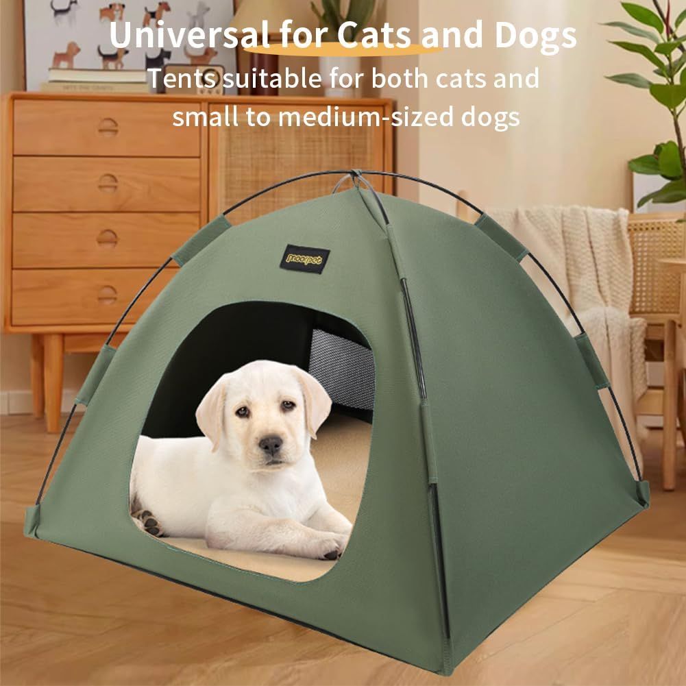 Khaki All-Weather Portable Pet Tent with Dual-Sided Cushion & Insect-Proof Mesh – L Size 60 x 60 x 50 cm, Waterproof & Sun-Proof Outdoor Four Corner Dome Kennel for Dogs & Cats Travel Camping