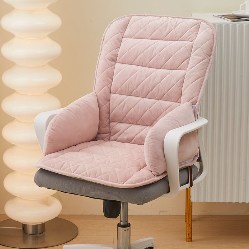Pink Premium Quilted Plush Integrated Seat Cushion & Backrest β Thickened Lumbar Support Pad with Detachable Armrests, Secure Buckle and Washable Cover for Office Chair Long Sitting