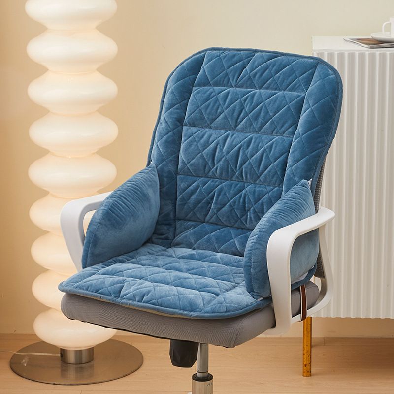 Dark Blue Premium Quilted Plush Integrated Seat Cushion & Backrest β Thickened Lumbar Support Pad with Detachable Armrests, Secure Buckle and Washable Cover for Office Chair Long Sitting