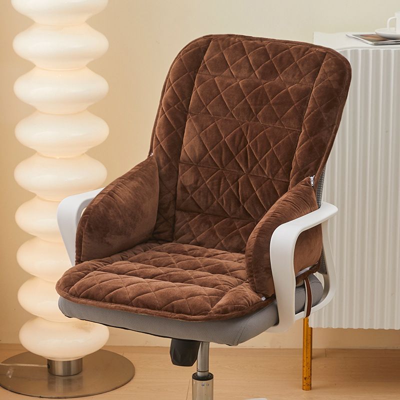 Brown Premium Quilted Plush Integrated Seat Cushion & Backrest β Thickened Lumbar Support Pad with Detachable Armrests, Secure Buckle and Washable Cover for Office Chair Long Sitting