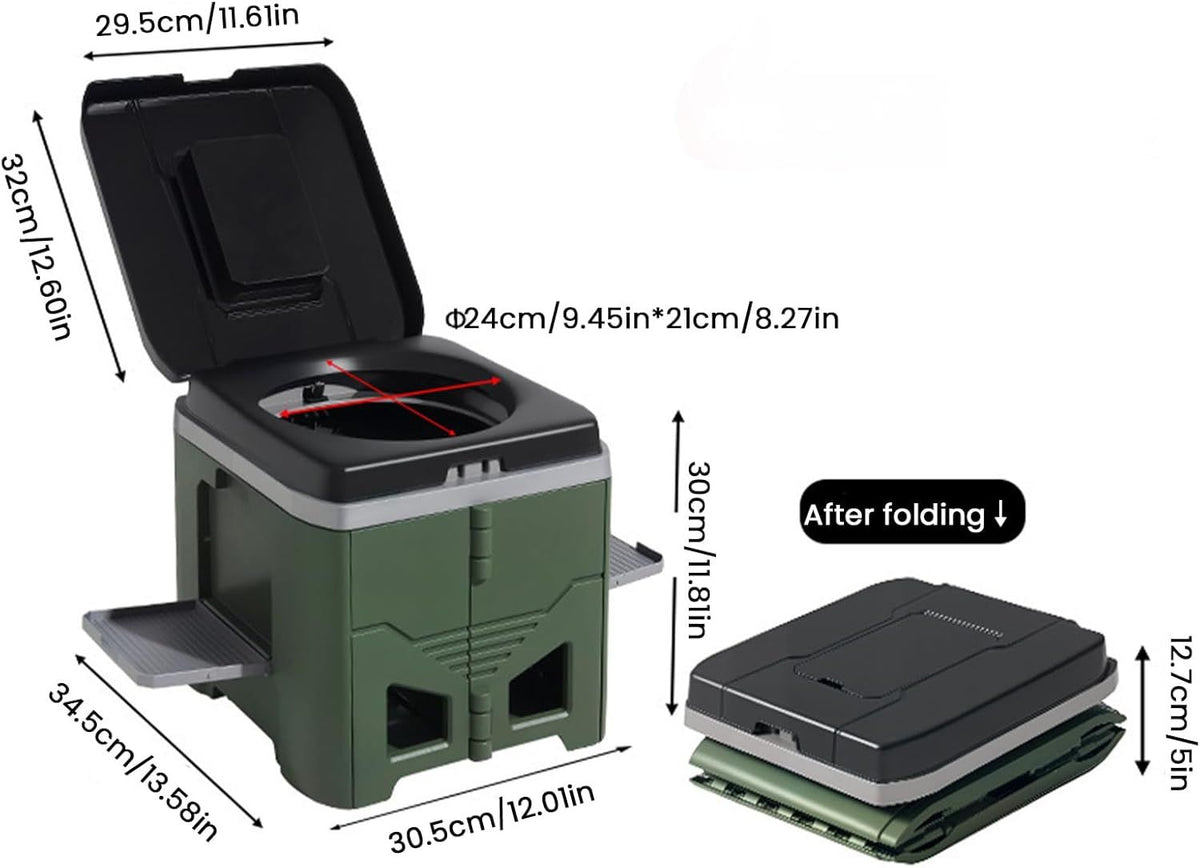 Portable Travel Toilet with Integrated Dual Storage Wings & Odor-Proof Lid β Ergonomic Reusable Foldable Commode with 12.7cm Folding Height for Car Travel & Outdoor Use (Black Green)