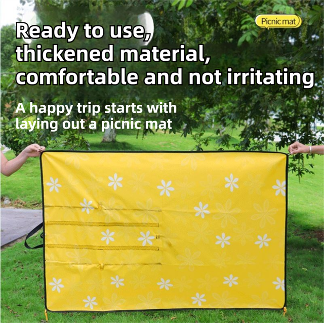 2-in-1 Foldable 145 x 200CM Outdoor Picnic Mat and Storage Handled Bag with Yellow Sunflower Pattern & 4 Ground Stakes - Portable Waterproof Camping Blanket Travel Picnic Rug for 3-4 People Outdoor use