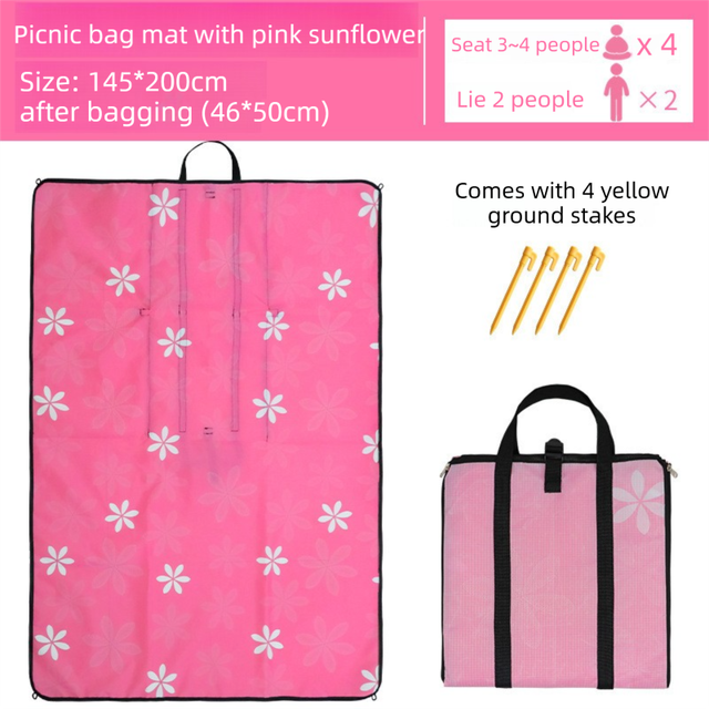 2-in-1 Foldable 145 x 200CM Outdoor Picnic Mat and Storage Handled Bag with Pink Sunflower Pattern & 4 Ground Stakes - Portable Waterproof Camping Blanket Travel Picnic Rug for 3-4 People Outdoor use