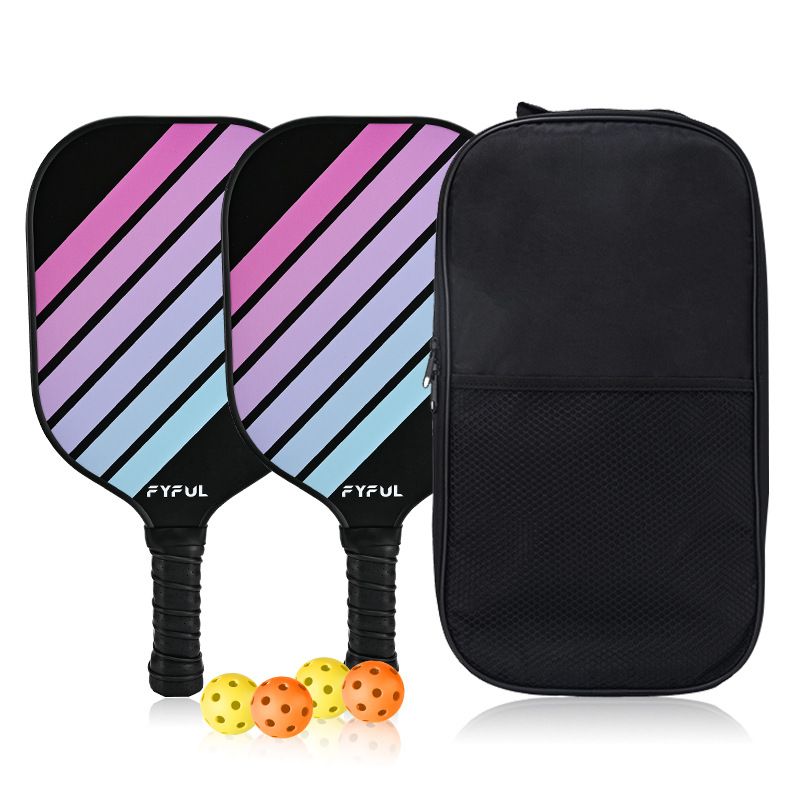 Black + Purple + Blue Striped Fiberglass Pickleball Paddle Set – 2 Ultra Lightweight Pickleball Rackets + 4 Balls + Carry Bag for Outdoor Play - Large Sweet Spot, Shock-Absorbing Silicone Grip and TPU Edge Guard