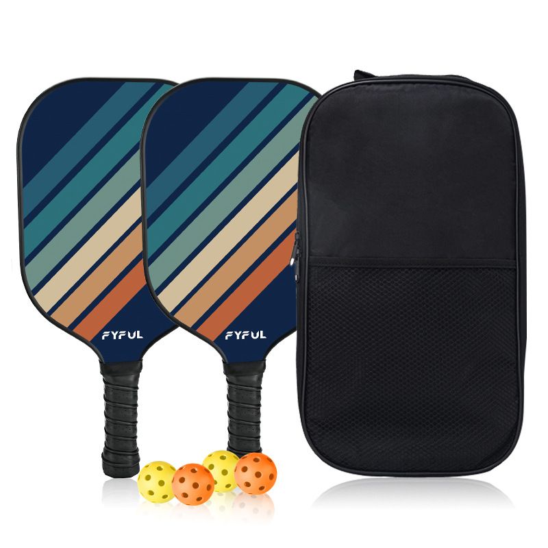 Black + Blue + Yellow Striped Fiberglass Pickleball Paddle Set – 2 Ultra Lightweight Pickleball Rackets + 4 Balls + Carry Bag for Outdoor Play - Large Sweet Spot, Shock-Absorbing Silicone Grip and TPU Edge Guard
