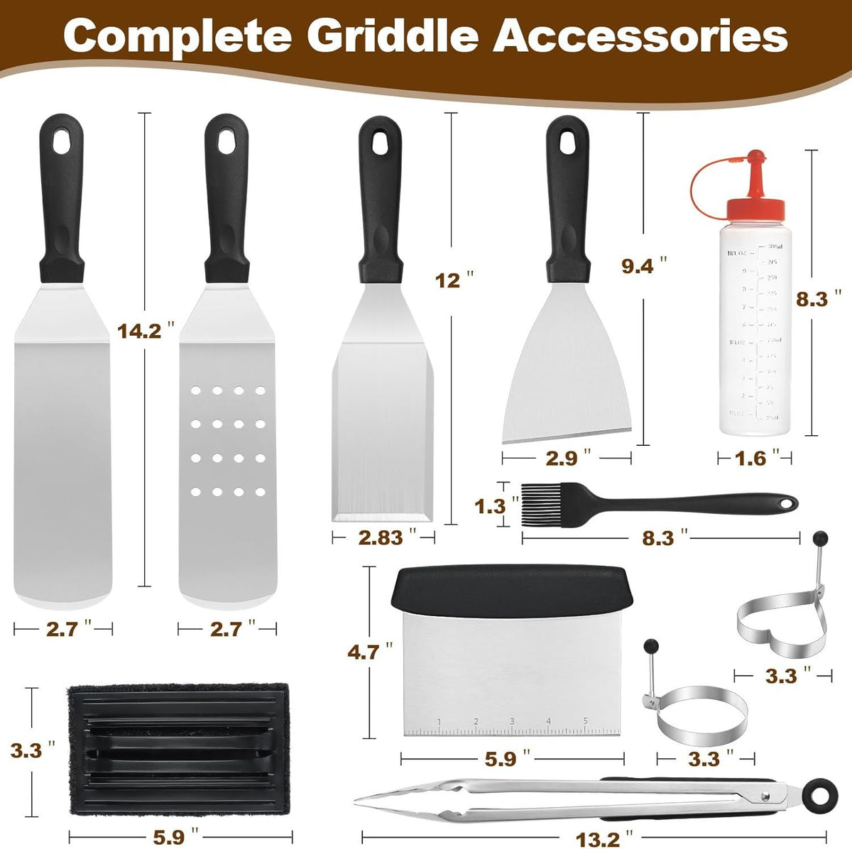 14PCS Stainless Steel BBQ Griddle Tool Kit with Carry Bag, Flat Top Grill Accessories Set for Blackstone and Camp Chef - 4 Grill Spatulas, Tong, Scraper, 2 Oil Bottles and Heart / Round Egg Rings for Outdoor Barbecue