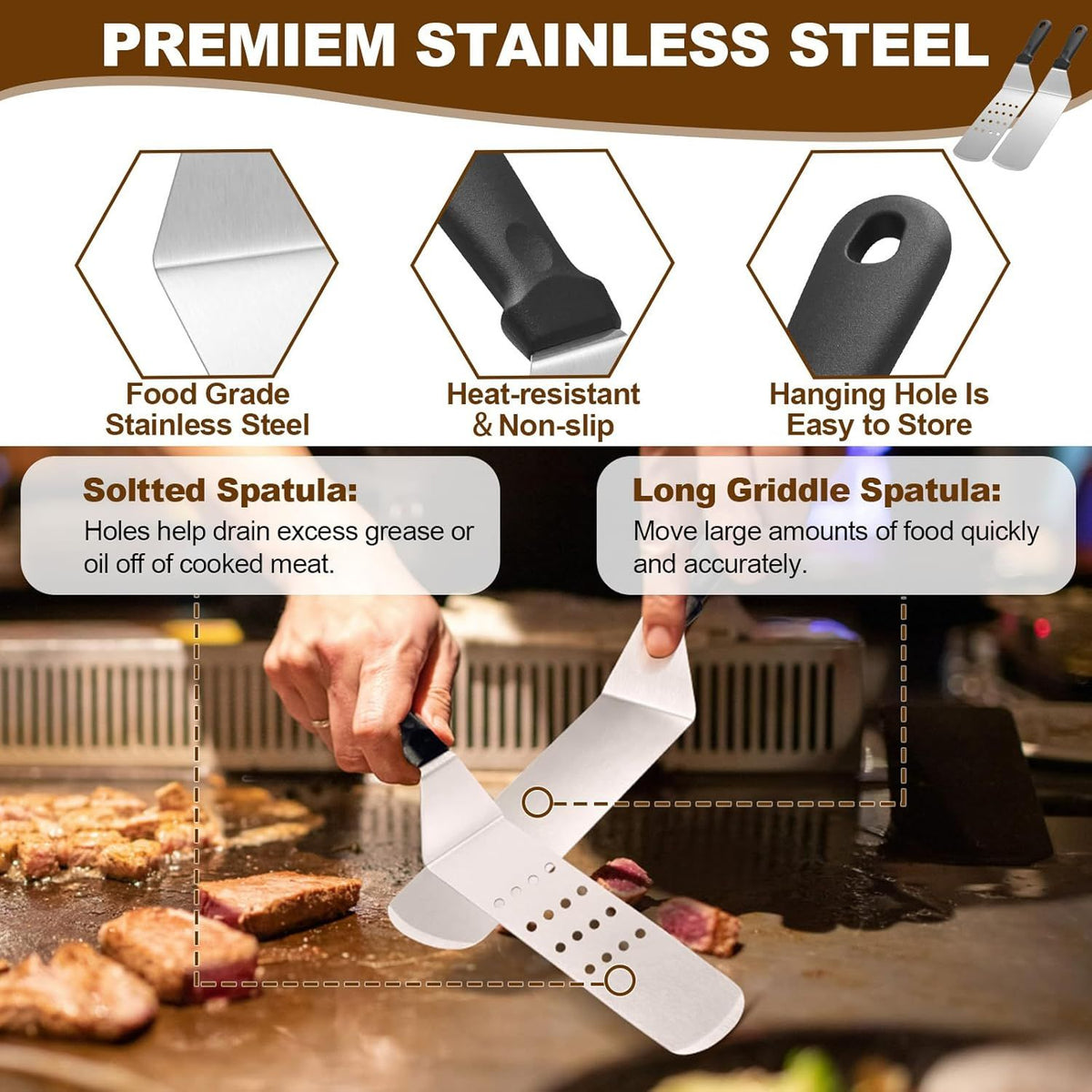14PCS Stainless Steel BBQ Griddle Tool Kit with Carry Bag, Flat Top Grill Accessories Set for Blackstone and Camp Chef - 4 Grill Spatulas, Tong, Scraper, 2 Oil Bottles and Heart / Round Egg Rings for Outdoor Barbecue