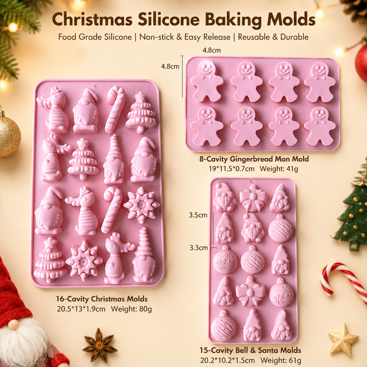 3-Piece Christmas Non-Stick Silicone Baking Mould Set of Santa, Reindeer, Gingerbread Man & Bell Shapes for Chocolate, Candy, and Mousse Dessert - Easy to Release and Clean, Ideal Making Tools for Christmas in July, Winter Christmas & Secret Santa Gift