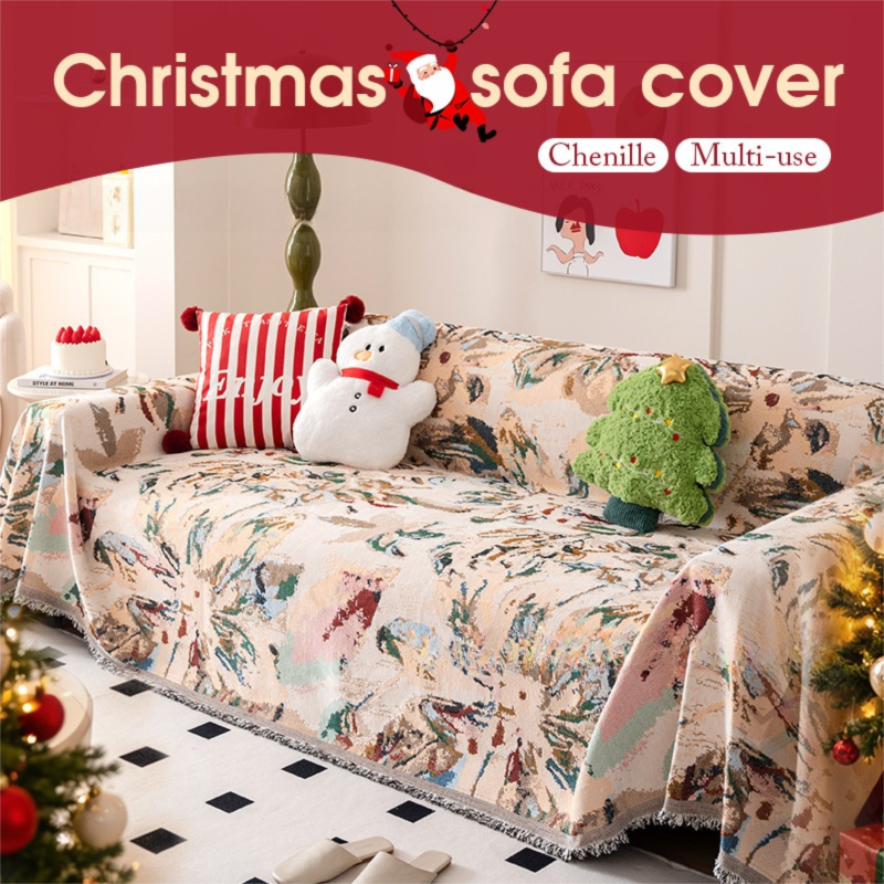 180 x 230 CM Christmas Jacquard Chenille Sofa Cover Throw Blanket with Tassel Fringe (Style 1), Elegant Festive Couch Protector Slipcover for Holiday Home Decor and Multi-Purpose Use
