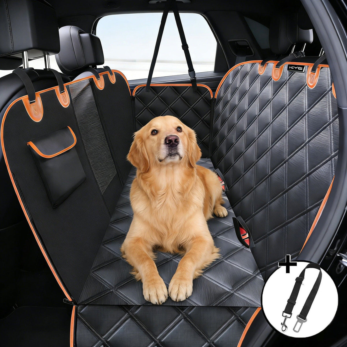 Waterproof Dog Car Rear Seat Protector 135 x 148CM - Durable Oxford Non Slip Pet Hammock with Storage Pockets , Zipper Mesh Window and 6 Fixed Buckles, Seat Belt Access Opening and Pet Leash