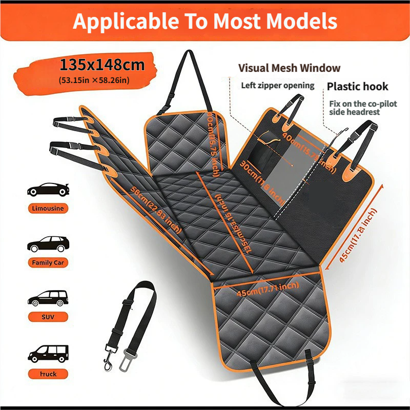Waterproof Dog Car Rear Seat Protector 135 x 148CM - Durable Oxford Non Slip Pet Hammock with Storage Pockets , Zipper Mesh Window and 6 Fixed Buckles, Seat Belt Access Opening and Pet Leash