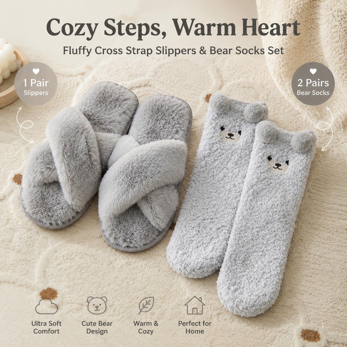 Cozy Winter Home Essentials Set - Grey 1 Pair Women's Plush Cross Band Faux Fur Slippers M Size & 2 Pairs Cute Teddy Bear Fuzzy Socks Set, Warm Indoor Lounge Gift Bundle with Non-Slip House Slides
