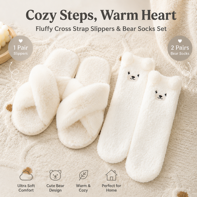 Cozy Winter Home Essentials Set - White 1 Pair Women's Plush Cross Band Faux Fur Slippers L Size & 2 Pairs Cute Teddy Bear Fuzzy Socks Set, Warm Indoor Lounge Gift Bundle with Non-Slip House Slides