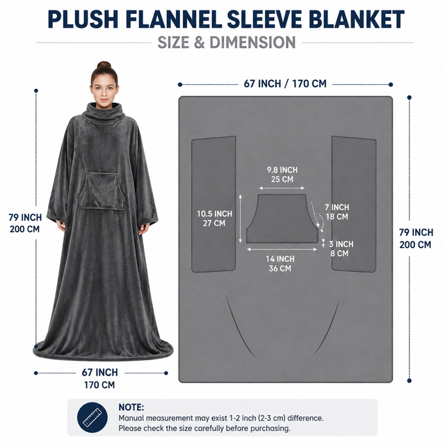 Winter Cozy Warm Loungewear Gift Set – 170 × 200CM Navy Blue Flannel Fleece Wearable Blanket with Adjustable Sleeves Large Front Pocket and Back Velcro Closure, Free M Size Sherpa Fleece Cable Knit Anti-Slip Slipper Socks for Home Relaxation