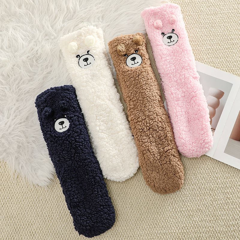 Coffee Winter Women’s Cute Bear Plush Knee High Slipper Socks – Warm Fleece Floor Socks and Sleeping Socks with Non-Slip Grips, One Size for EU 35-40