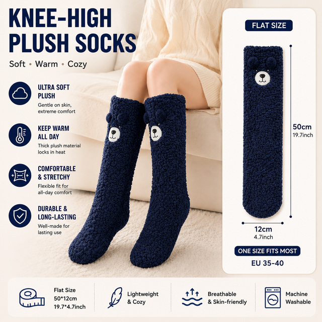 Navy Blue Winter Women’s Cute Bear Plush Knee High Slipper Socks – Warm Fleece Floor Socks and Sleeping Socks with Non-Slip Grips, One Size for EU 35-40