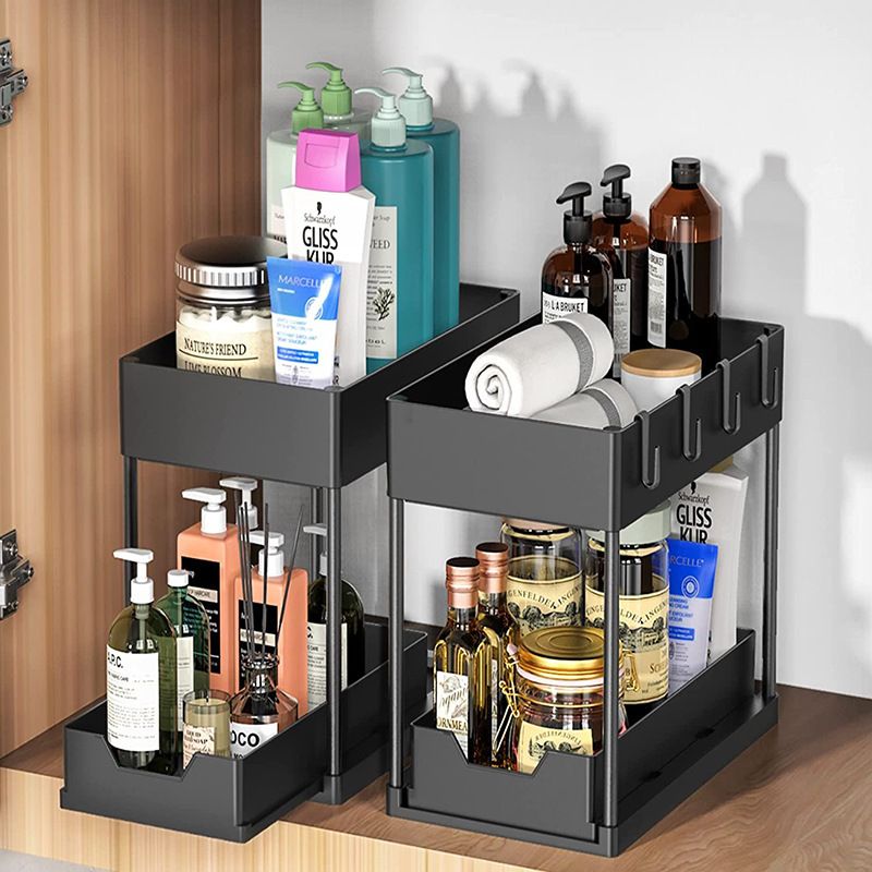 White Under Sink Organizer with Pull-Out Drawer, 4 Hooks and Hanging Cup - 2 Tier Cabinets Storage Rack for Kitchen & Bathroom, Tool-Free Assembly, Fits Full-Size Cleaning Supplies & Toiletries, Space Saving