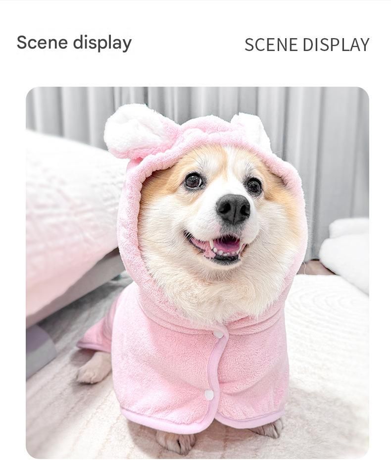 Pink S size Pet Drying Robe with Hood - Quick Dry Coral Fleece Towel for Dogs and Cats, Super Absorbent Bathrobe with Cute Rabbit Ears, Adjustable Fit for All Sizes, Easy to Wear and Machine Washable