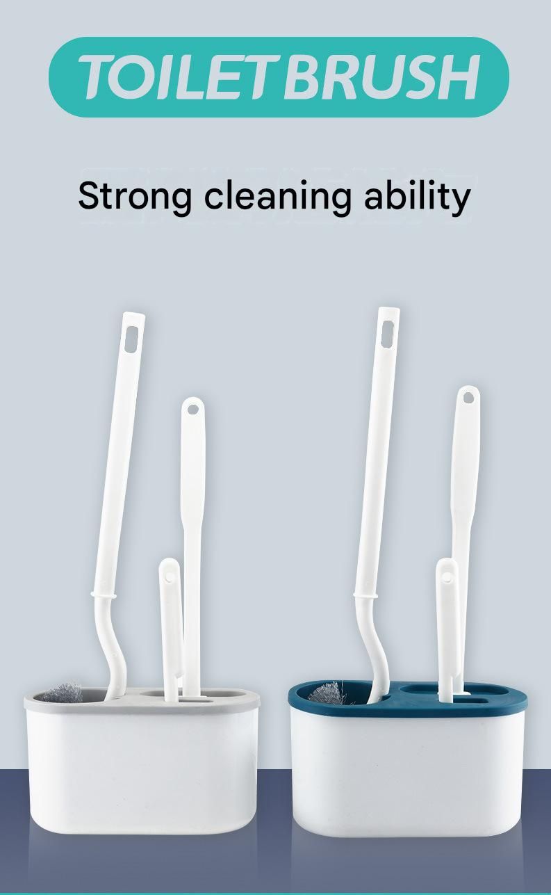Blue Toilet Brush Set with Holder - 3-in-1 Wall Mounted Bathroom Cleaning Kit, TPR Soft Bristle & 360° Globe Brush, No-Drill Adhesive Base, Space Saving Design for Home, Apartment, Rental