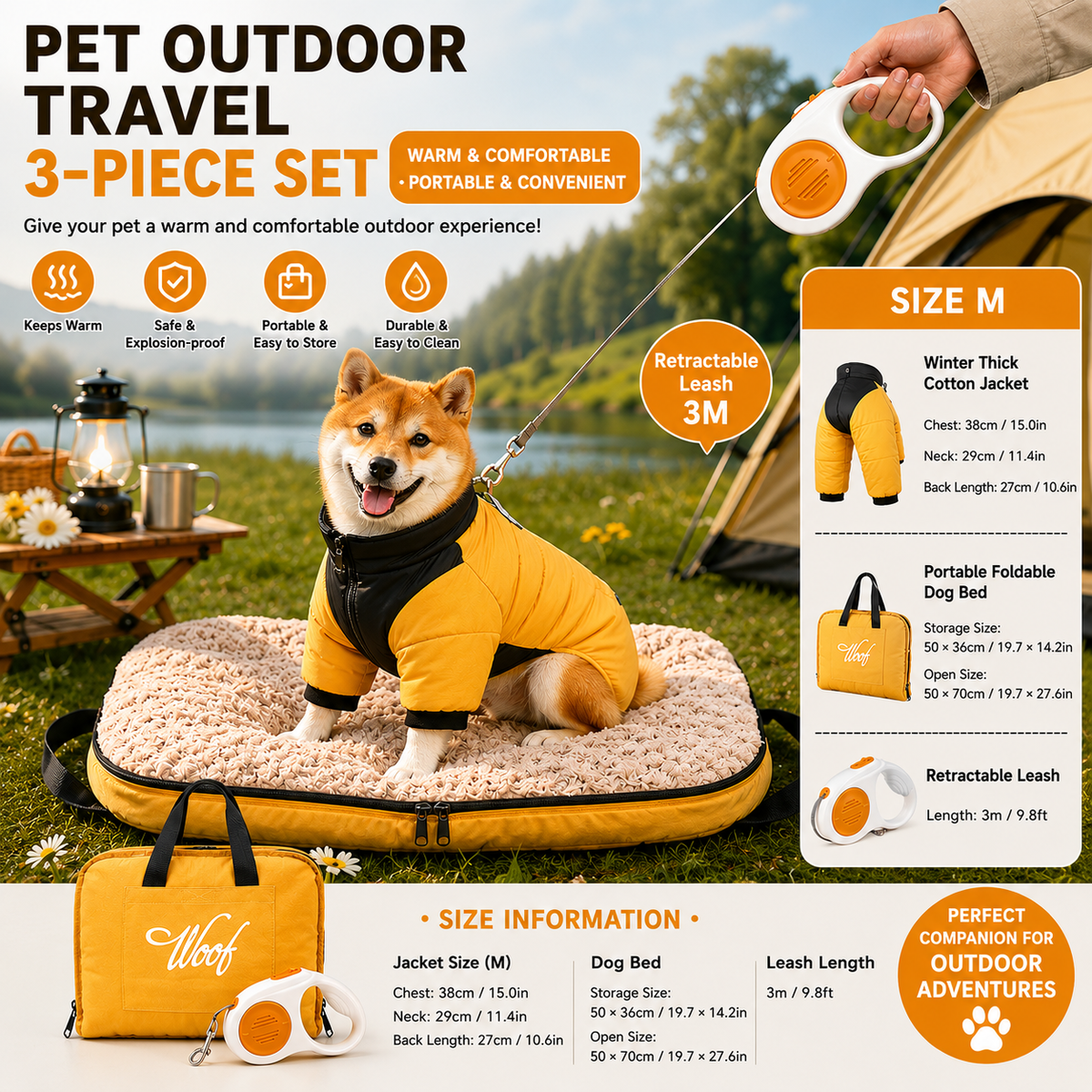 3-Piece Yellow Winter Pet Outdoor Travel Set – yellow m size Reflective Dog Puffer Jacket, orange 3m Retractable Leash & yellow Portable Foldable Dog Bed