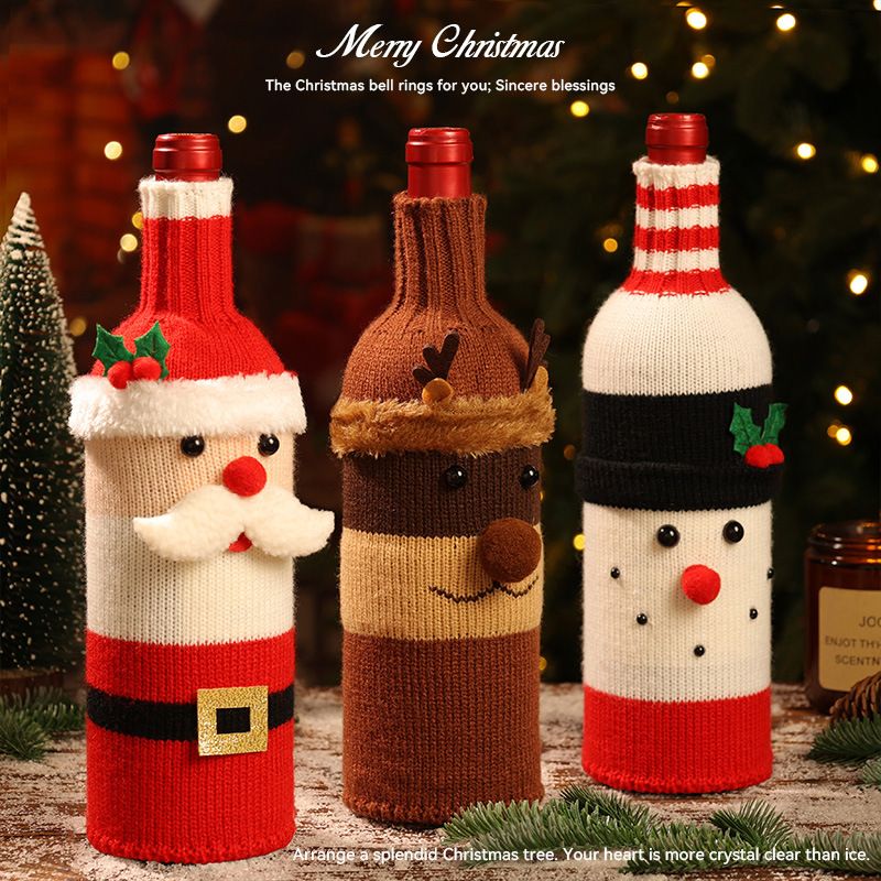 Snowman Designs Style Knitted Christmas Wine Bottle Cover - Festive Table Decor for Holiday Parties and Home Dining