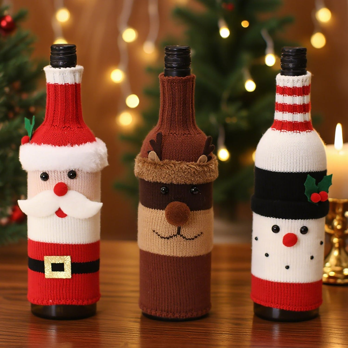 3-piece Santa Claus and Reindeer Snowman and Designs Style Knitted Christmas Wine Bottle Cover - Festive Table Decor for Holiday Parties and Home Dining