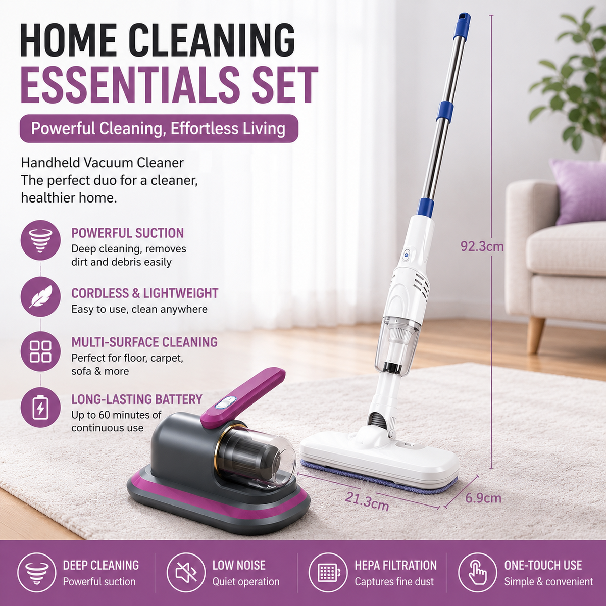 2-piece Home Cleaning Bundle - Purple UV Mattress Mite Vacuum Cleaner & White Cordless Handheld Stick Vacuum Set, Wireless Rechargeable Home Car Pet Hair Cleaning Kit