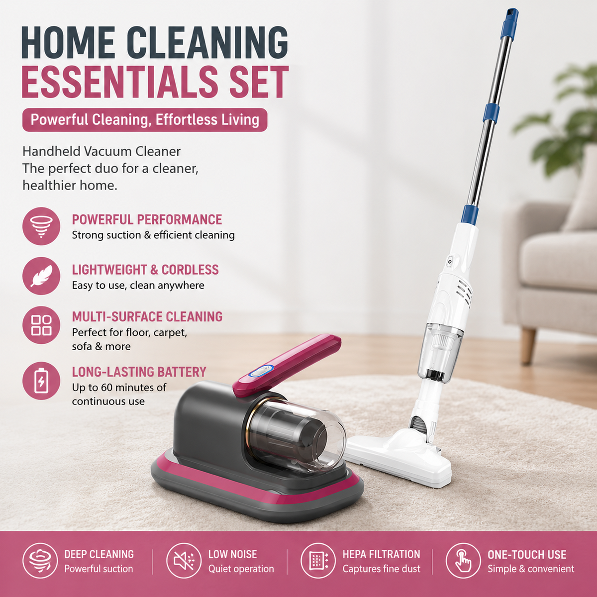 2-piece Home Cleaning Bundle - Red UV Mattress Mite Vacuum Cleaner & White Cordless Handheld Stick Vacuum Set, Wireless Rechargeable Home Car Pet Hair Cleaning Kit