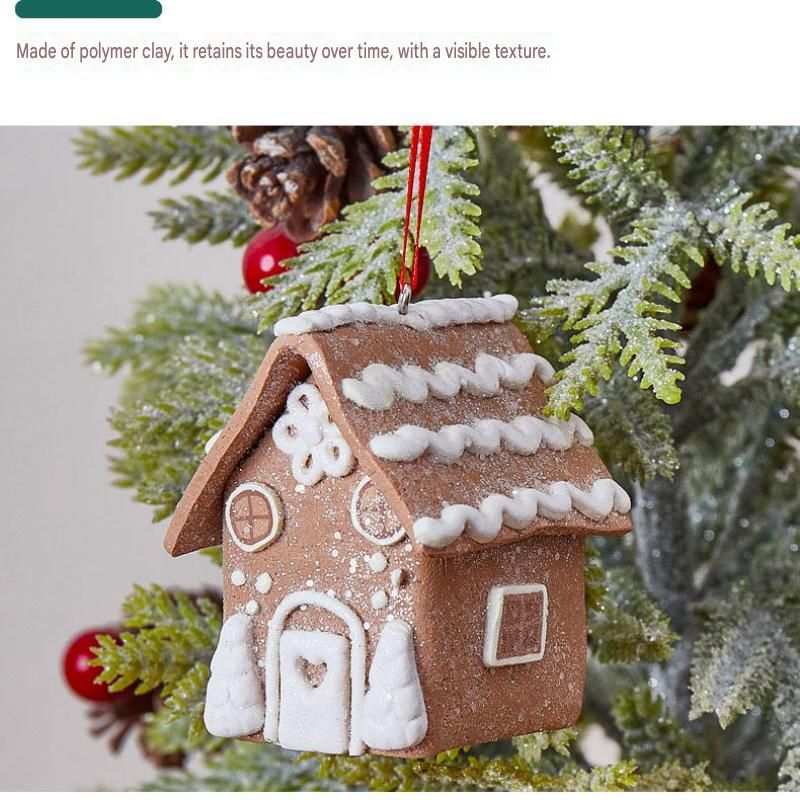 Dual-Candy Style Gingerbread House Christmas Tree Ornament - Made of polymer clay with snowflake details, perfect for Christmas decorations, suitable for home and window displays