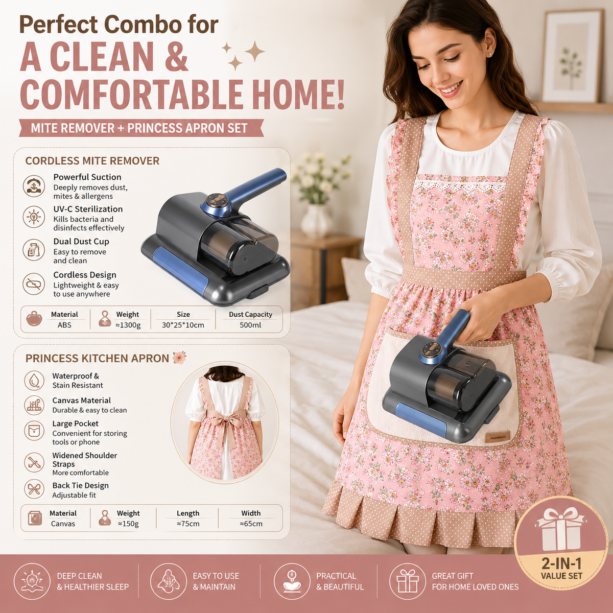 Home Clean Essential 2-piece set -Black Wireless UV Mite Remover Vacuum and Floral Pink Canvas Apron Bundle - 8000rpm Tapping, Washable HEPA Filter, Waterproof Kitchen Bib with Hand Wipe Pocket for Home and Cooking