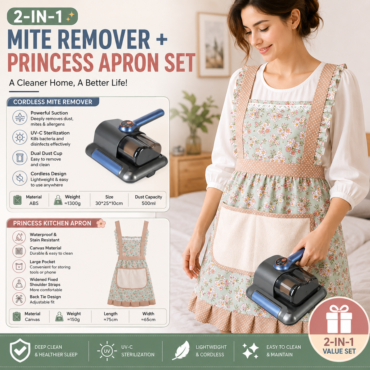 Home Clean Essential 2-piece set -Black Wireless UV Mite Remover Vacuum and Floral Green Canvas Apron Bundle - 8000rpm Tapping, Washable HEPA Filter, Waterproof Kitchen Bib with Hand Wipe Pocket for Home and Cooking