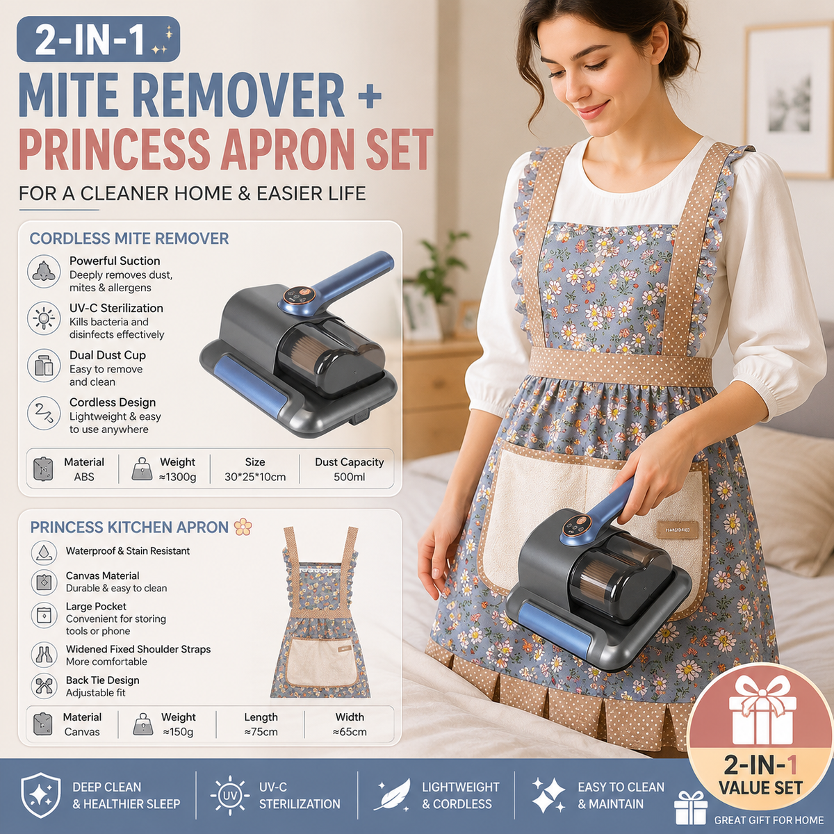 Home Clean Essential 2-piece set -Black Wireless UV Mite Remover Vacuum and Floral Blue Canvas Apron Bundle - 8000rpm Tapping, Washable HEPA Filter, Waterproof Kitchen Bib with Hand Wipe Pocket for Home and Cooking