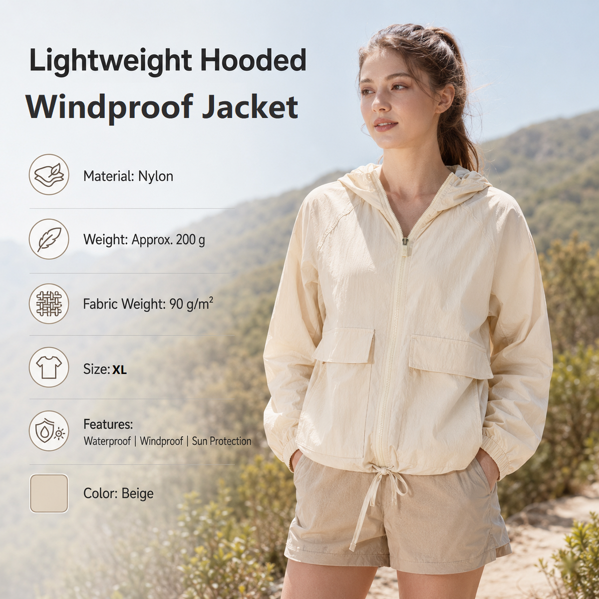 Beige XL Size Women's Lightweight Hooded Windbreaker Jacket - Nylon, Waterproof, Windproof, Sun Protection, Loose Fit for Hiking, Running, Yoga and Outdoor Activities
