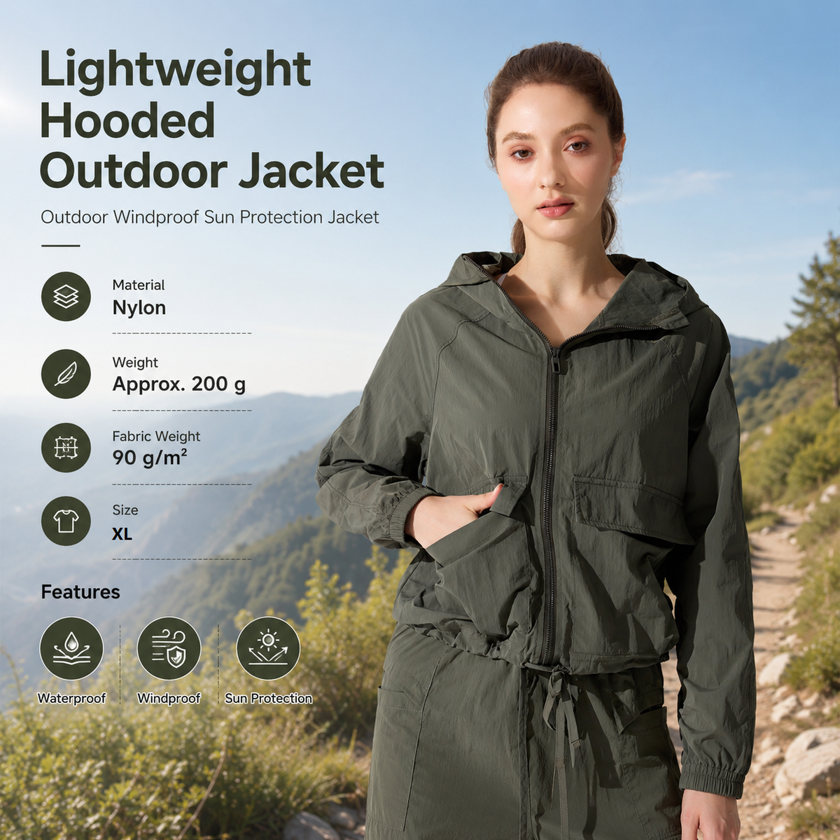 Green XL Size Women's Lightweight Hooded Windbreaker Jacket - Nylon, Waterproof, Windproof, Sun Protection, Loose Fit for Hiking, Running, Yoga and Outdoor Activities