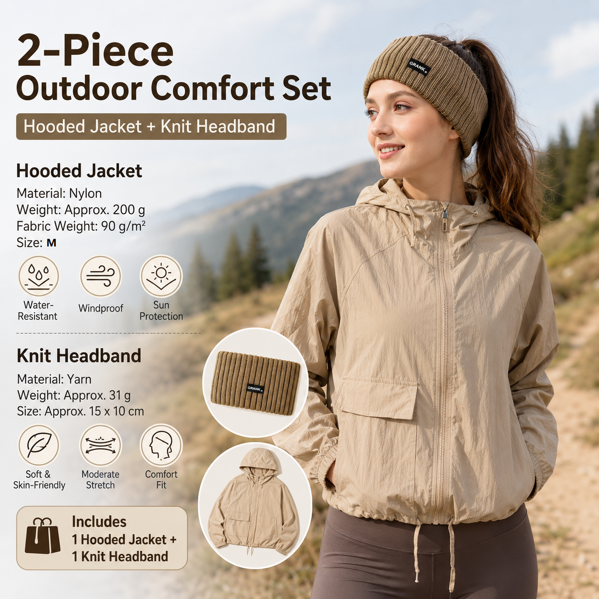 Women's Lightweight Outdoor Windproof and warm set - Khaki M Size Waterproof Windproof Sun Protection Hooded Raincoat and Khaki Knitted Warm Headband Set for Hiking Travel Daily Wear