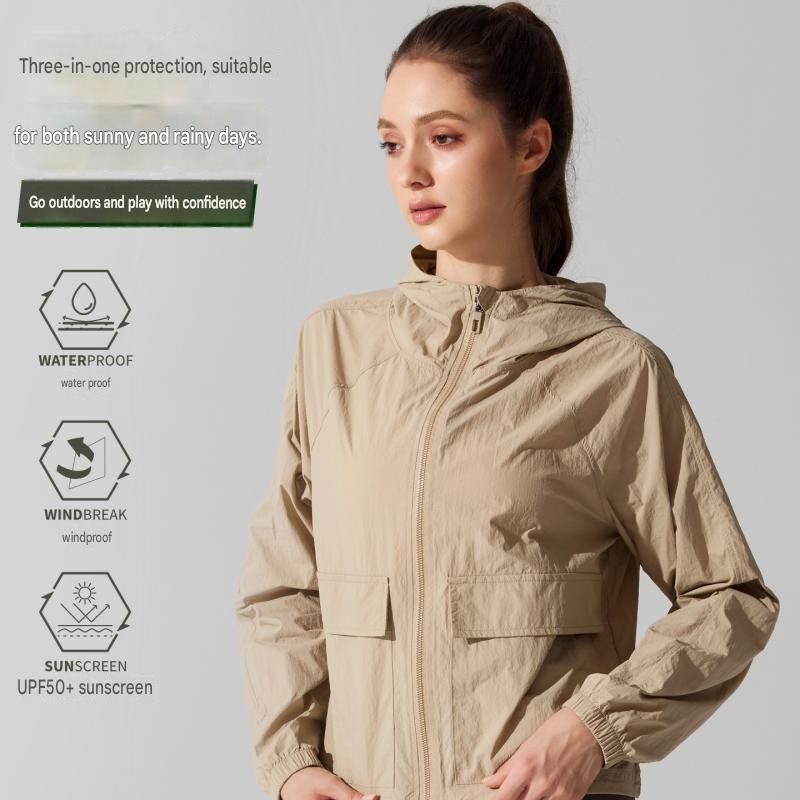 Women's Lightweight Outdoor Windproof and warm set - Black L Size Waterproof Windproof Sun Protection Hooded Raincoat and Black Knitted Warm Headband Set for Hiking Travel Daily Wear