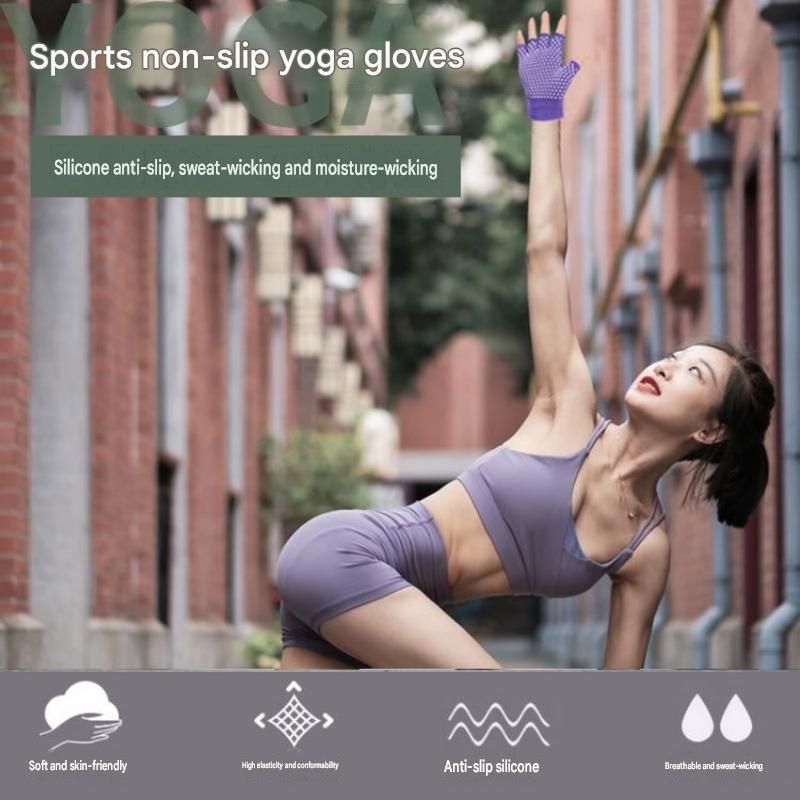 Purple Yoga Gloves and Five Toe Socks Set - Acrylic Knit Half Finger Gloves with Silicone Dots, Cotton Blend Non-Slip Socks for Pilates, Dance, and Indoor Fitness Training
