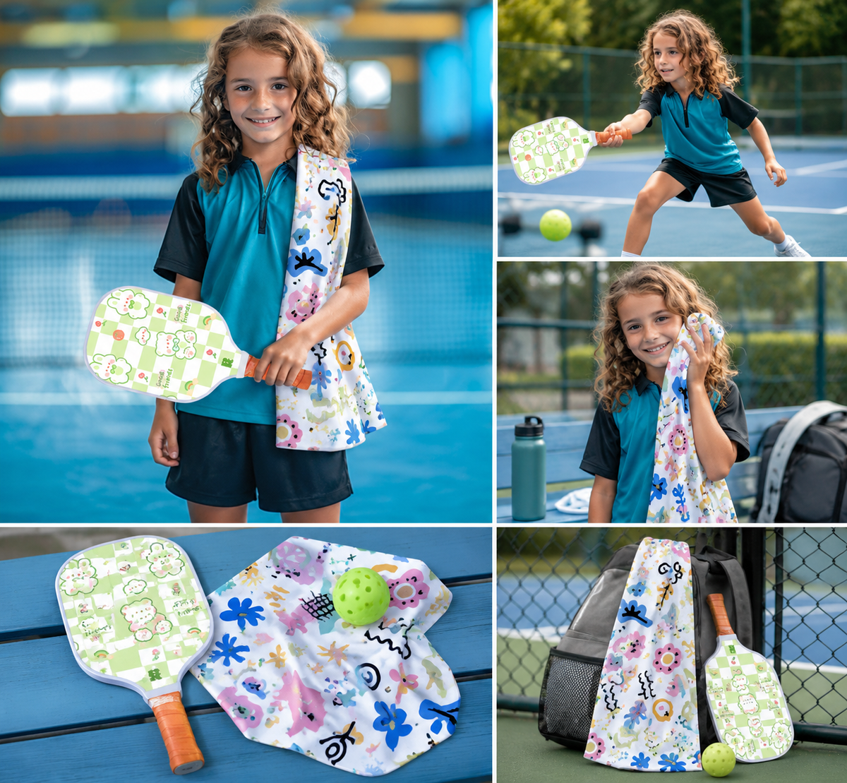 Teenager Pickleball Paddle Set with Cooling Towel (Teddy Bear), Cartoon Junior Paddles, Carry Bag and Indoor/Outdoor Balls for Children