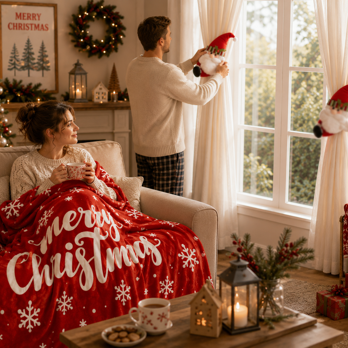 Christmas Flannel Throw Blanket and Santa Curtain Tieback Set, 150x200cm Thick Fleece Sofa Blanket with 2 Plush Santa Velcro Curtain Holders for Holiday Home Decor
