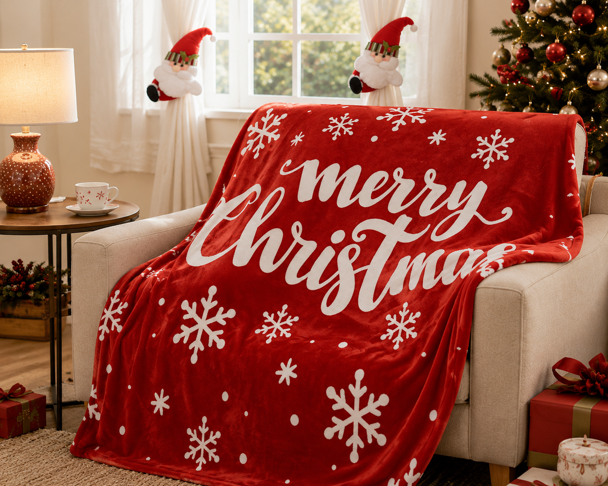 Christmas Flannel Throw Blanket and Santa Curtain Tieback Set, 150x200cm Thick Fleece Sofa Blanket with 2 Plush Santa Velcro Curtain Holders for Holiday Home Decor