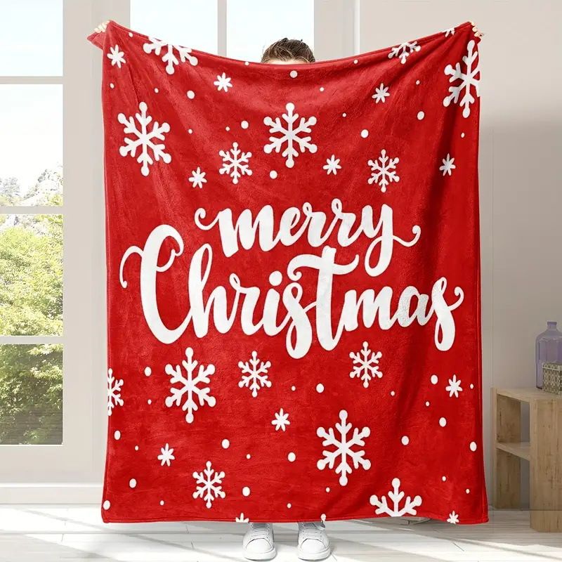Christmas Flannel Throw Blanket and Santa Curtain Tieback Set, 150x200cm Thick Fleece Sofa Blanket with 2 Plush Santa Velcro Curtain Holders for Holiday Home Decor