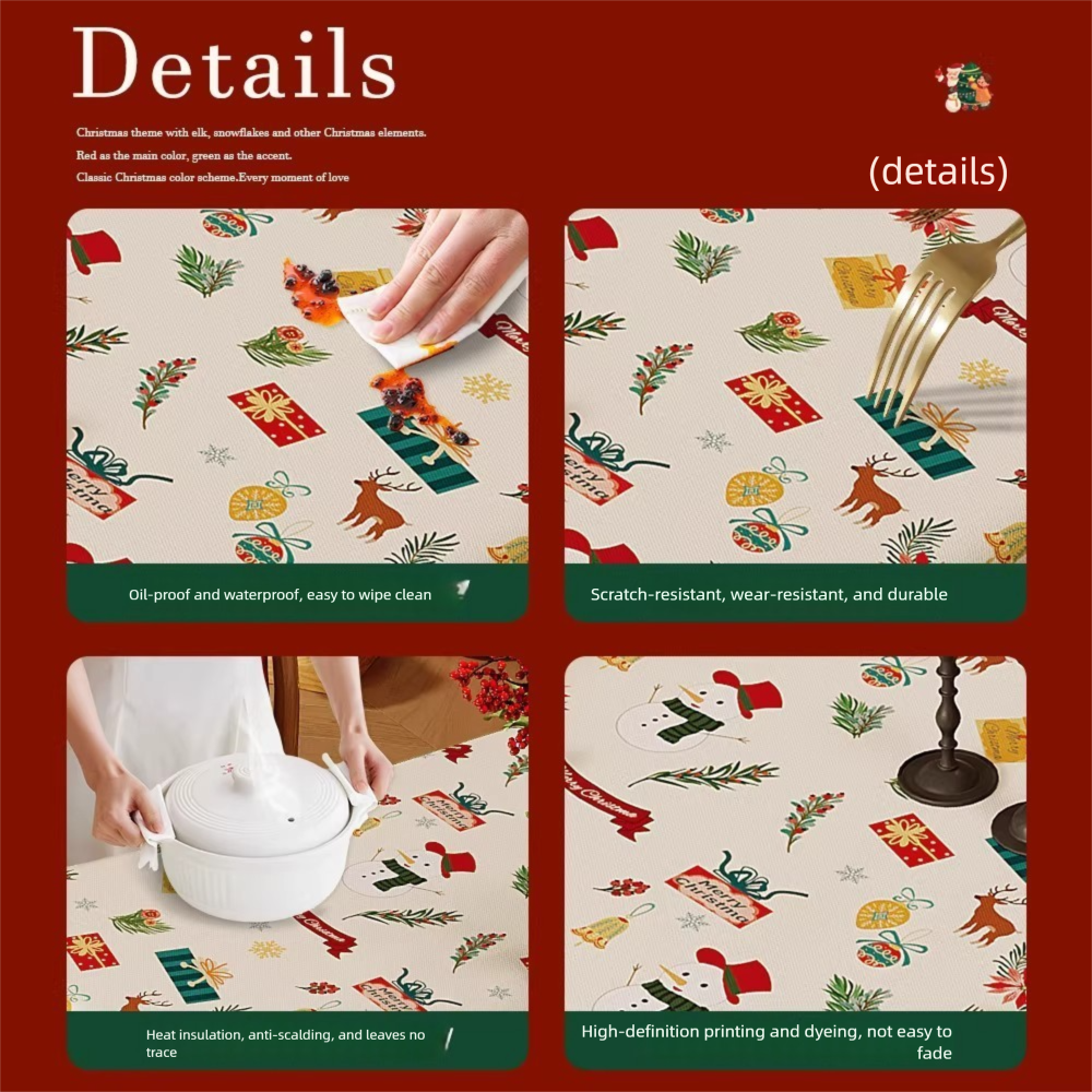 Christmas Waterproof Tablecloth (Reindeer Design) 140 x 140cm — Red festive dining tablecloth; oil-resistant and reusable; home décor that creates a holiday atmosphere.