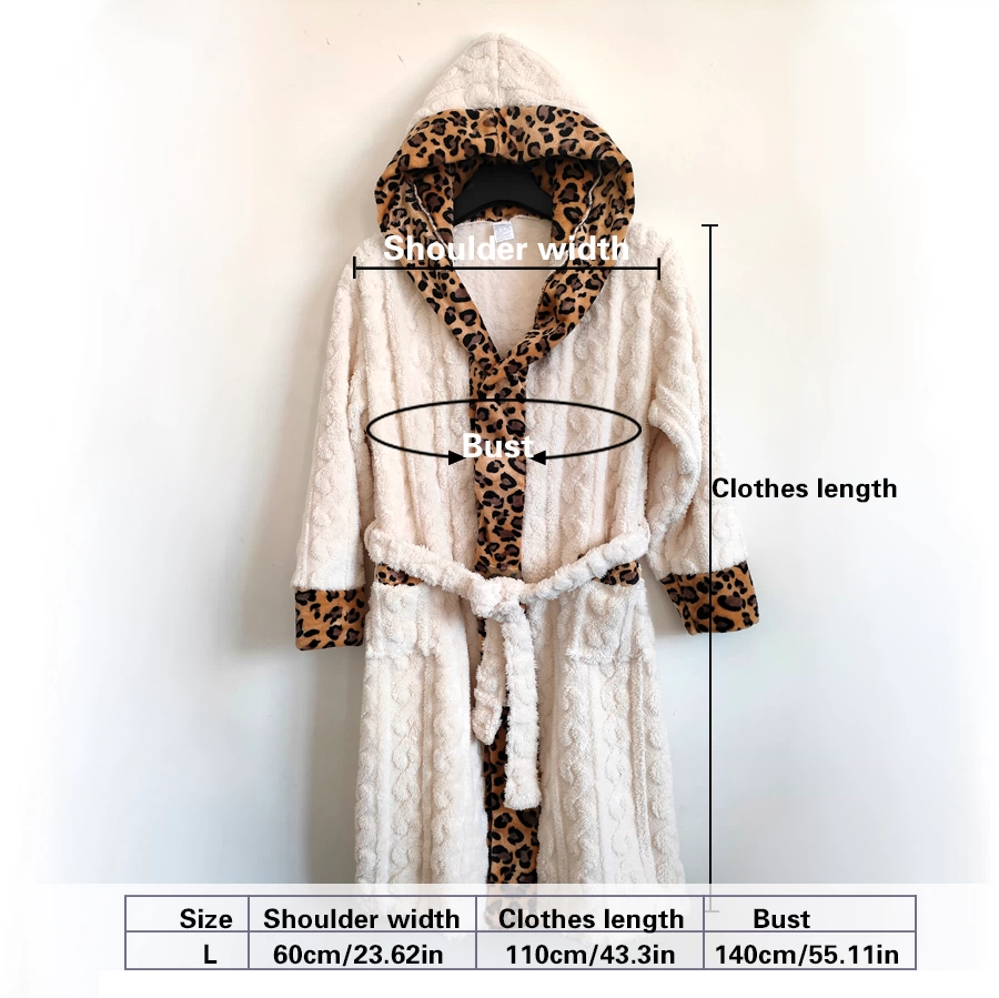 Women's White Coral Fleece Hooded Bathrobe with Leopard Print Trim (L)- Soft Plush Wrap Robe with Pockets and Tie Belt for Lounging
