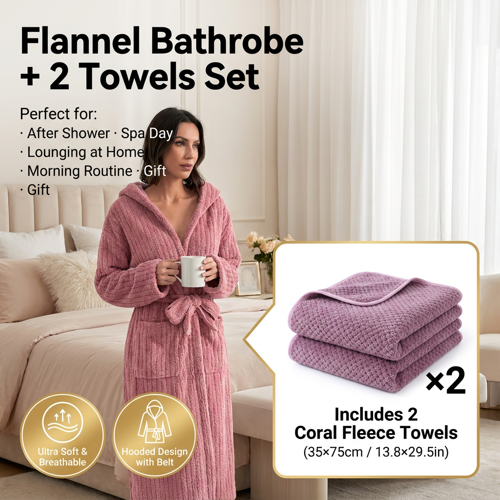 Women's Coral Fleece Hooded Bathrobe (L size) Set with 2 Pineapple Grid Towels - Ultra Soft Absorbent Loungewear for Home Spa and Post Shower Comfort