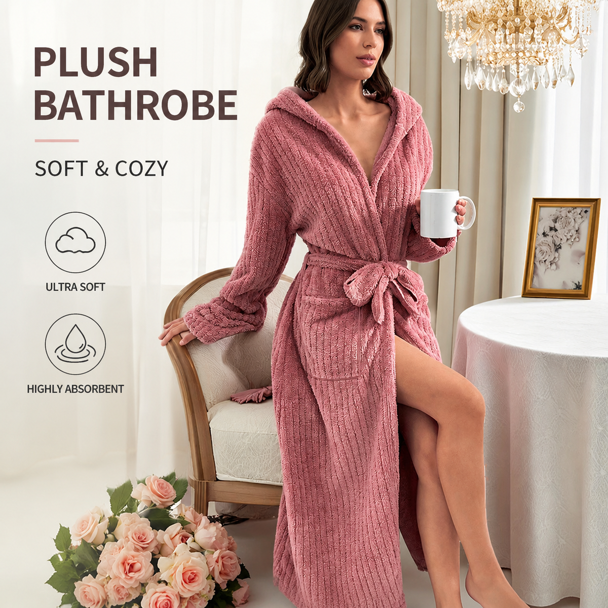Women's Coral Fleece Hooded Bathrobe (L size) Set with 2 Pineapple Grid Towels - Ultra Soft Absorbent Loungewear for Home Spa and Post Shower Comfort